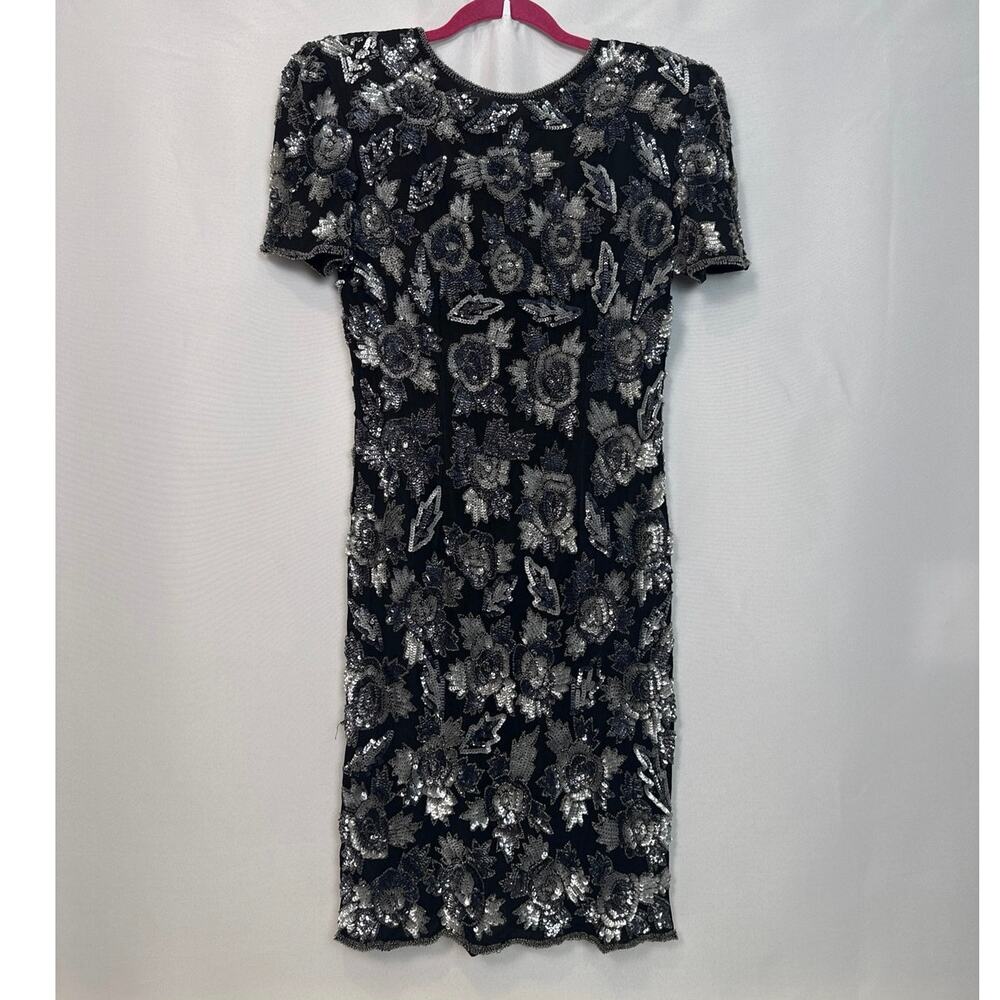 Scala Womens Vintage Silk Sequin Beaded Cocktail Dress Size M Black Silver Disco